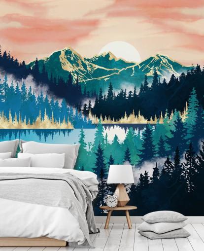 turquoise en blauwe bergbehang