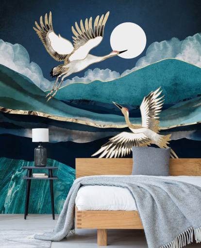 papel pintado pájaro azul y dorado