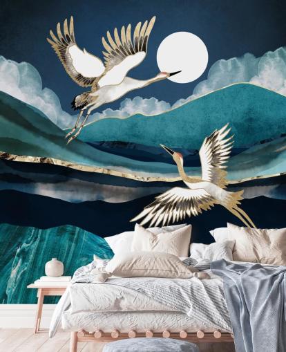 blaue und goldene Vogel-Tapete