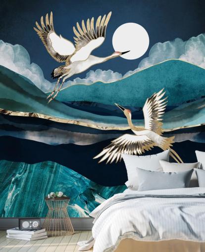 papier peint d'oiseaux bleu et or