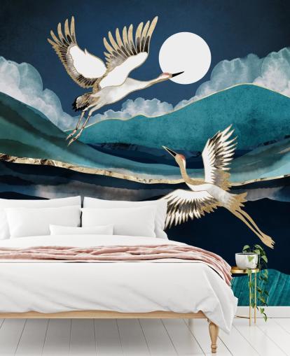 blaue und goldene Vogel-Tapete