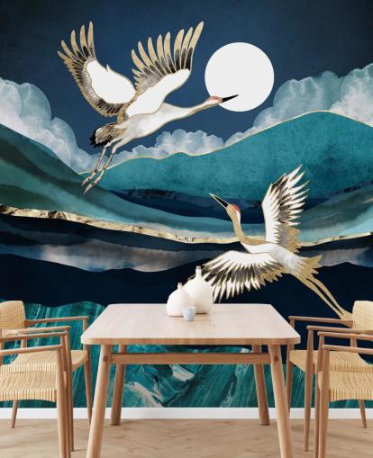 blaue und goldene Vogel-Tapete