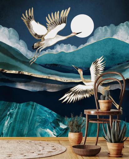 blaue und goldene Vogel-Tapete