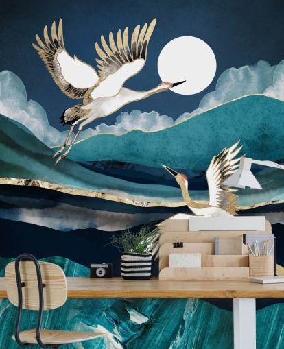 carta da parati con uccelli blu e oro