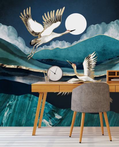 papier peint d'oiseaux bleu et or