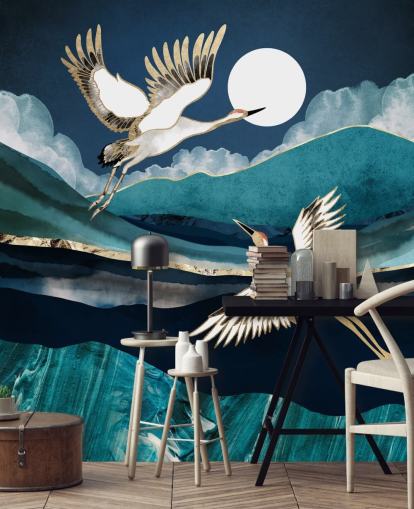 blauw en goud vogelbehang