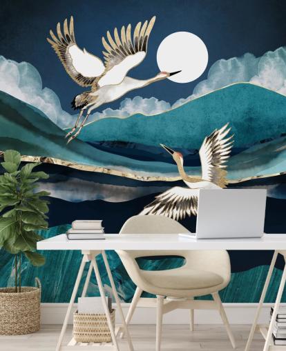 blauw en goud vogelbehang