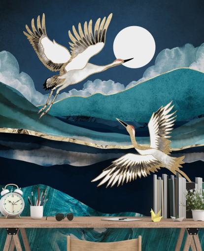 blauw en goud vogelbehang