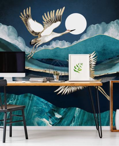 blå och guld fågel tapeter