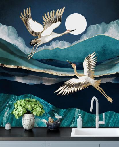 papier peint d'oiseaux bleu et or