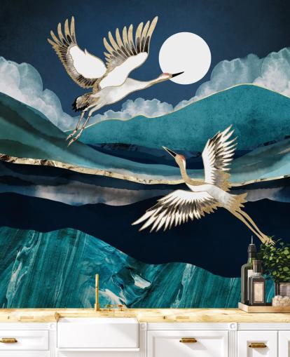 blauw en goud vogelbehang blauw en goud vogelbehang