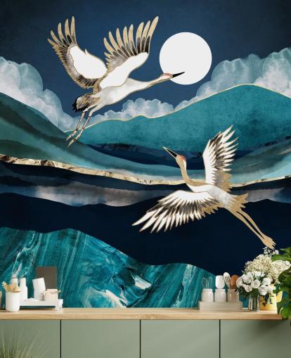 blaue und goldene Vogel-Tapete