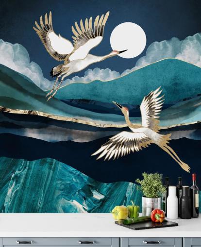 carta da parati con uccelli blu e oro