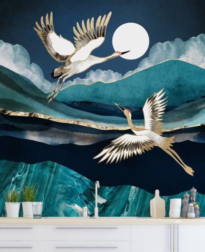 papel pintado pájaro azul y dorado