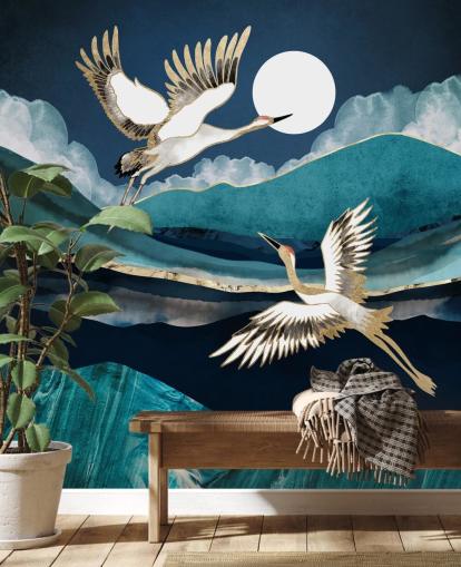 papier peint d'oiseaux bleu et or