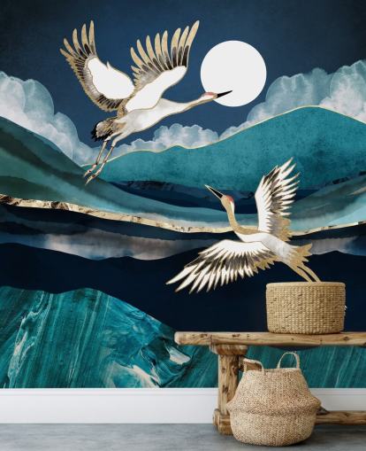 blauw en goud vogelbehang