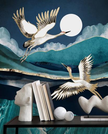 blaue und goldene Vogel-Tapete