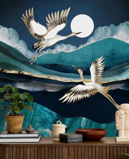 papel pintado pájaro azul y dorado