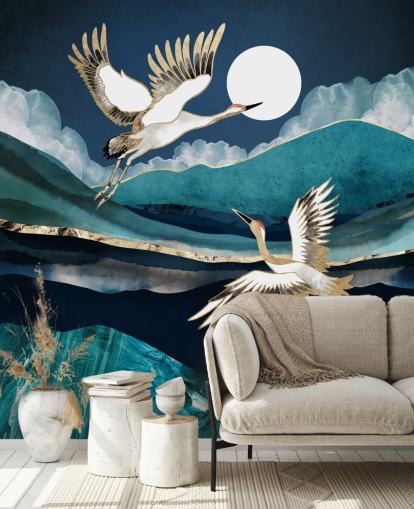 blauw en goud vogelbehang