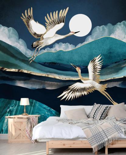 papier peint d'oiseaux bleu et or