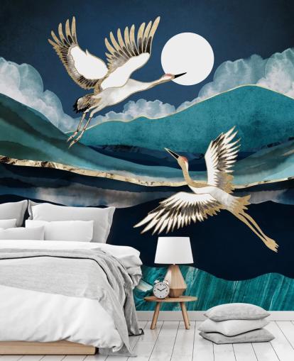 papier peint d'oiseaux bleu et or