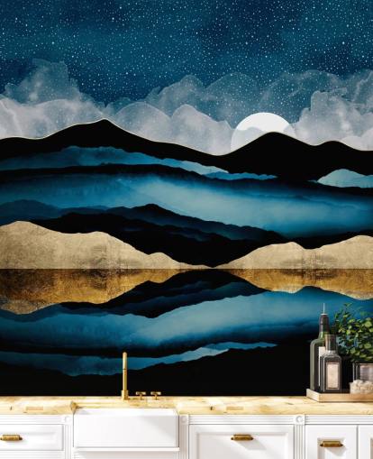 donkerblauw, zwart en goudkleurig abstract bergbehang