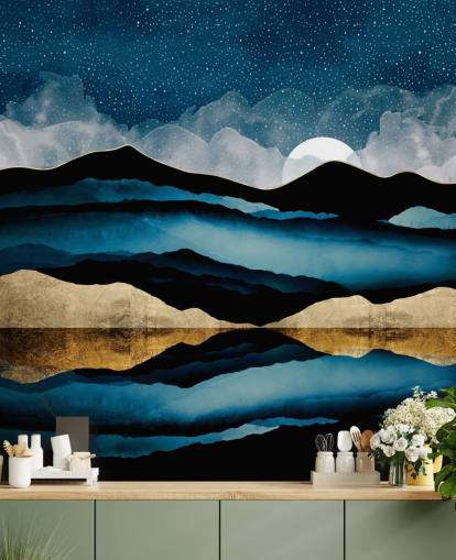 papel de parede de montanhas abstratas de cor azul escuro, preto e dourado