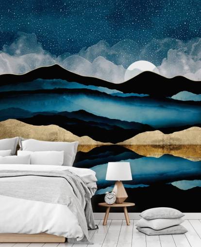 papier peint montagnes abstraites bleu foncé, noir et or papier peint montagnes abstraites bleu foncé, noir et or