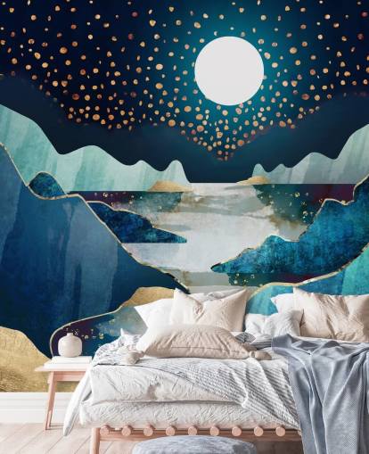 carta da parati paesaggio luna oro e blu