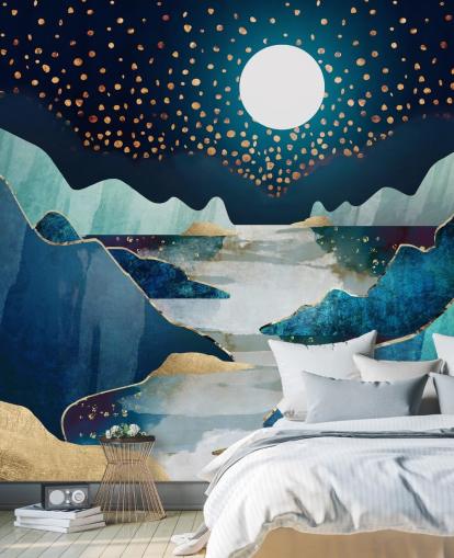 papel de parede da paisagem da lua dourada e azul