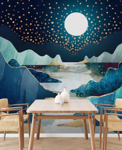 gold and blue moon landscape wallpaper