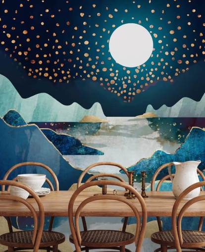 papier peint paysage lune or et bleu