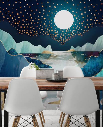 gold and blue moon landscape wallpaper