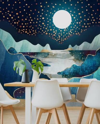 papel de parede da paisagem da lua dourada e azul