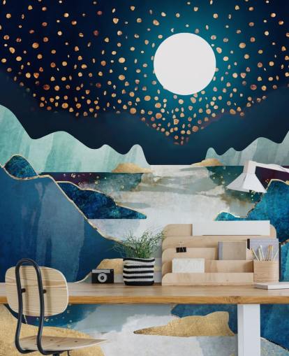 carta da parati paesaggio luna oro e blu carta da parati paesaggio luna oro e blu