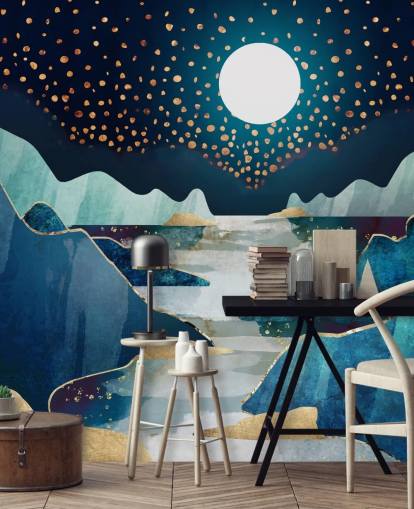 papel de parede da paisagem da lua dourada e azul