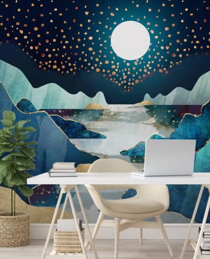 papel de parede da paisagem da lua dourada e azul