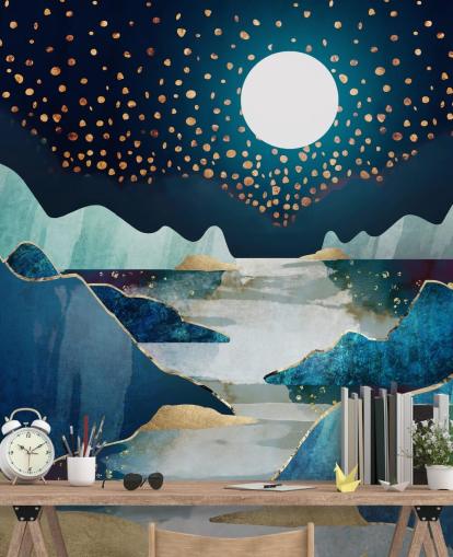 papel de parede da paisagem da lua dourada e azul