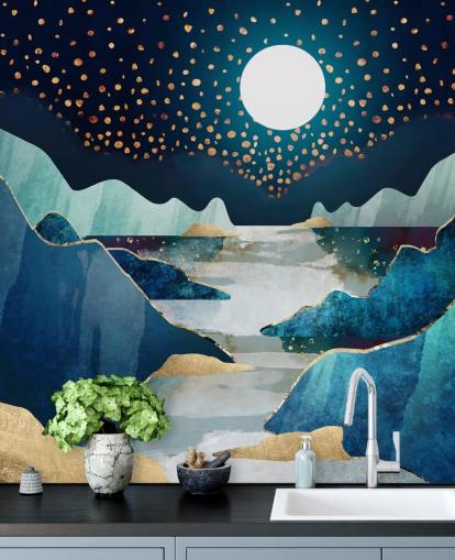 carta da parati paesaggio luna oro e blu