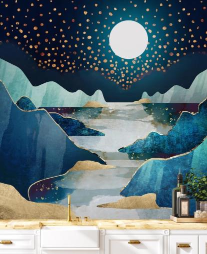 carta da parati paesaggio luna oro e blu