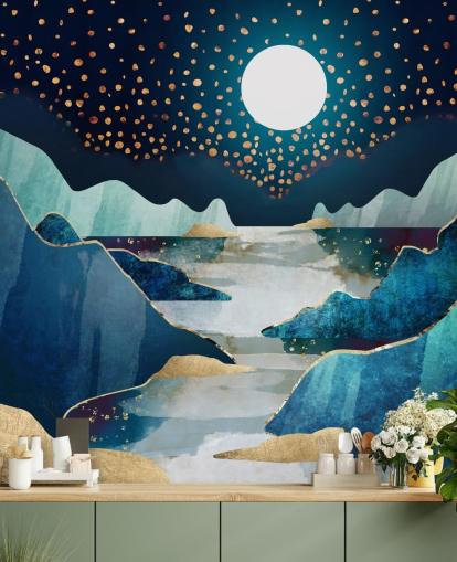 gold und blau mond landschaft tapete