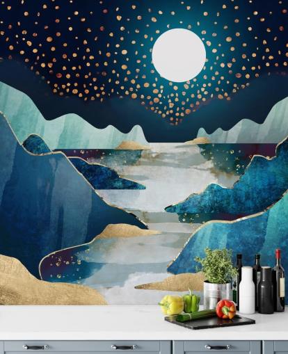 gold and blue moon landscape wallpaper