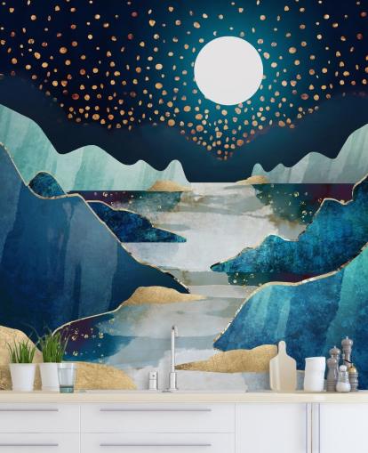 carta da parati paesaggio luna oro e blu