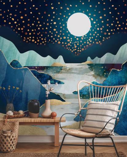 carta da parati paesaggio luna oro e blu