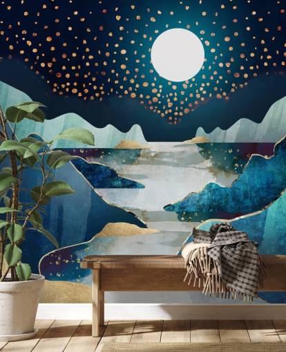 papel pintado de paisaje de luna dorada y azul papel pintado de paisaje de luna dorada y azul