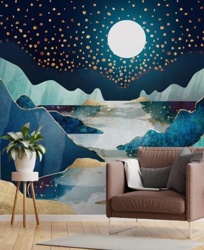 papel de parede da paisagem da lua dourada e azul papel de parede da paisagem da lua dourada e azul