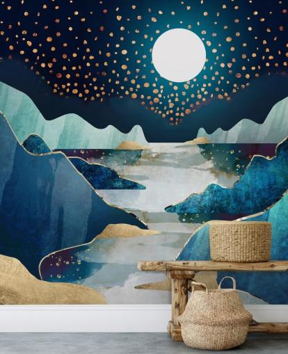 gold und blau mond landschaft tapete