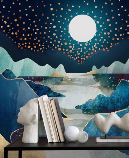 papel de parede da paisagem da lua dourada e azul