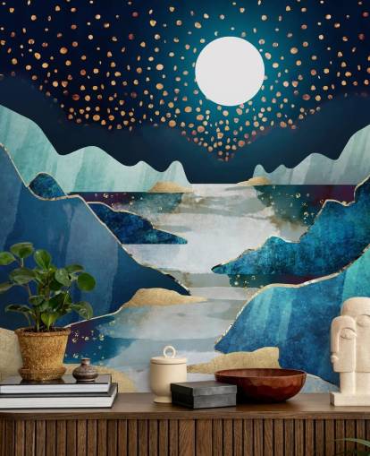 carta da parati paesaggio luna oro e blu