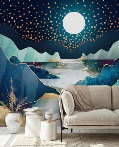 gold and blue moon landscape wallpaper